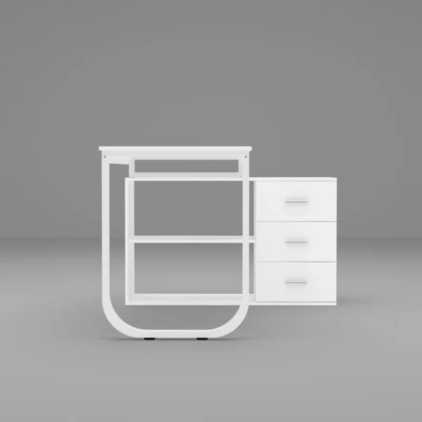Aesthetic craft Multi-functional desk with drawers and shelves, adjustable to L-shape or straight, shown in dark finish.