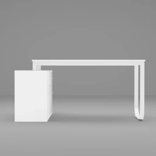 Aesthetic craft Multi-functional desk with drawers and shelves, adjustable to L-shape or straight, shown in dark finish.