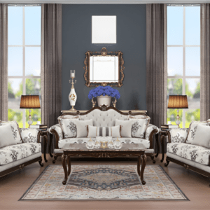 Aesthetic craft Luxurious carved 3+2+2 sofa set with wood detailing and decorative cushions.