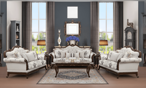 Aesthetic craft Luxurious carved 3+2+2 sofa set with wood detailing and decorative cushions.