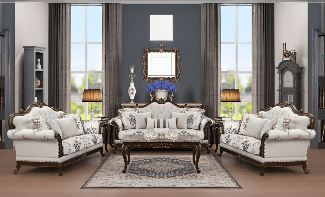 Aesthetic craft Luxurious carved 3+2+2 sofa set with wood detailing and decorative cushions.