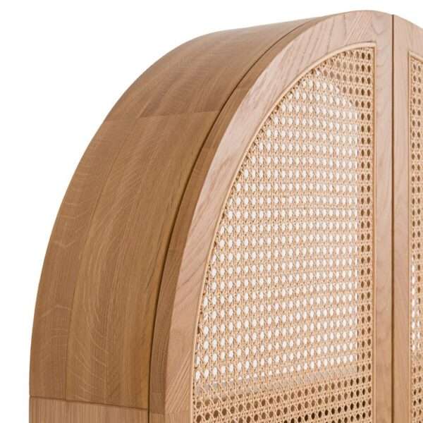 Foldable oak and rattan cabinet desk with brass handles, closed against a wall Aeshtetic craft