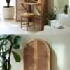 Foldable oak and rattan cabinet desk with brass handles, closed against a wall Aeshtetic craft