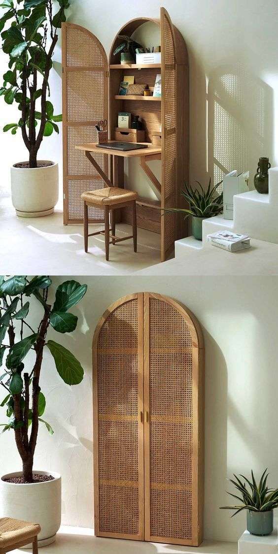 Foldable oak and rattan cabinet desk with brass handles, closed against a wall Aeshtetic craft