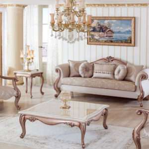 Aesthetic craft Platinum carved mango wood sofa set with armchairs, center table, side tables, TV unit, and decorative pillows