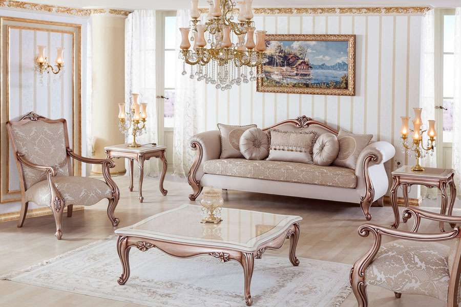 Aesthetic craft Platinum carved mango wood sofa set with armchairs, center table, side tables, TV unit, and decorative pillows