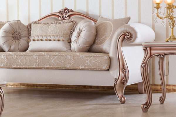 Aesthetic craft Platinum carved mango wood sofa set with armchairs, center table, side tables, TV unit, and decorative pillows