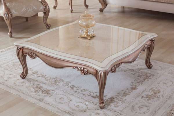 Aesthetic craft Platinum carved mango wood sofa set with armchairs, center table, side tables, TV unit, and decorative pillows