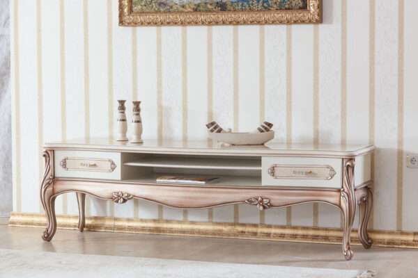 Aesthetic craft Platinum carved mango wood sofa set with armchairs, center table, side tables, TV unit, and decorative pillows