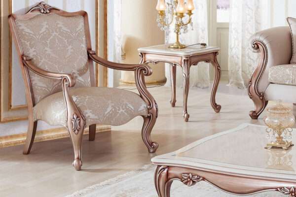 Aesthetic craft Platinum carved mango wood sofa set with armchairs, center table, side tables, TV unit, and decorative pillows