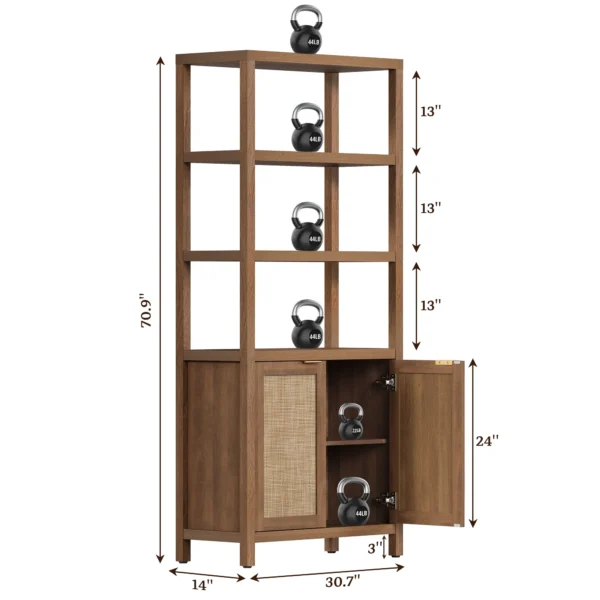 Tall wooden rattan bookshelf with cabinet doors, styled in a modern living room. Aesthetic craft