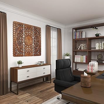 Set of 3 brown floral carved wood wall panels hanging as living room décor Aesthetic craft
