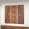 Set of 3 brown floral carved wood wall panels hanging as living room décor Aesthetic craft