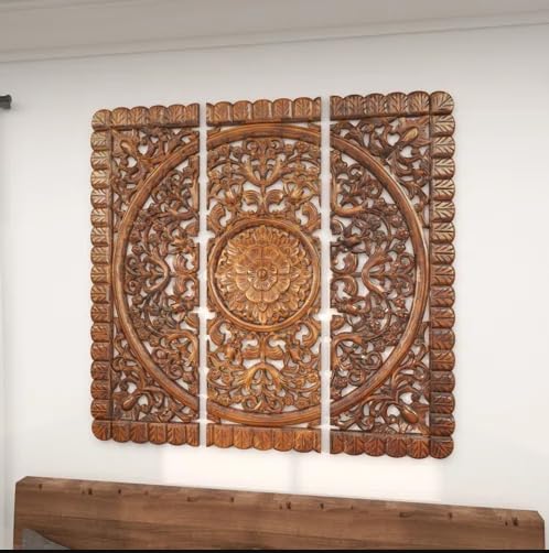 Set of 3 brown floral carved wood wall panels hanging as living room décor Aesthetic craft