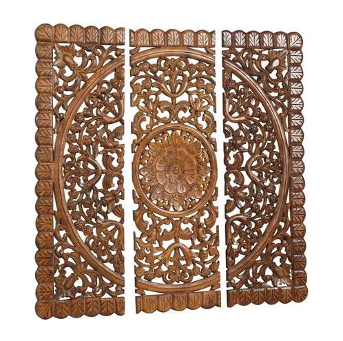 Set of 3 brown floral carved wood wall panels hanging as living room décor Aesthetic craft