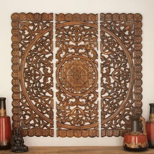 Set of 3 brown floral carved wood wall panels hanging as living room décor Aesthetic craft