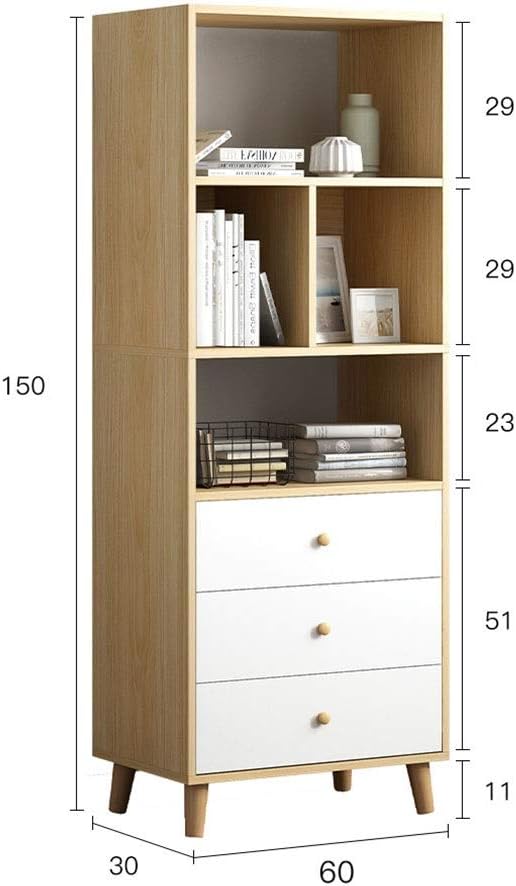 Tall brown wood bookshelf with white drawers and open display shelves for storage and decor Aesthetic craft
