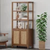Tall wooden rattan bookshelf with cabinet doors, styled in a modern living room. Aesthetic craft
