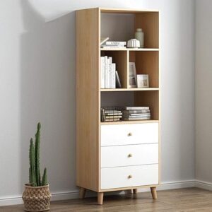 Tall brown wood bookshelf with white drawers and open display shelves for storage and decor Aesthetic craft