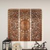 Set of 3 brown floral carved wood wall panels hanging as living room décor Aesthetic craft