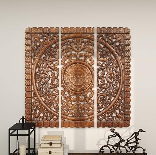 Set of 3 brown floral carved wood wall panels hanging as living room décor Aesthetic craft