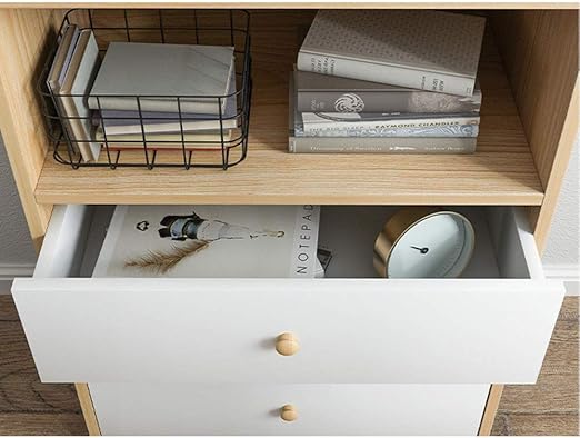 Tall brown wood bookshelf with white drawers and open display shelves for storage and decor Aesthetic craft