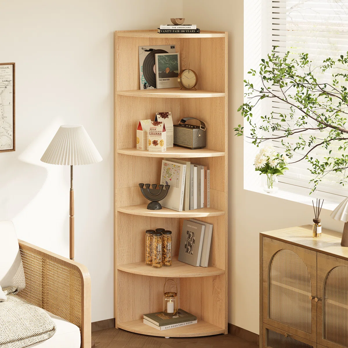 corner shelf bookcase with wall hooks for safe, stable storage Aesthetic craft