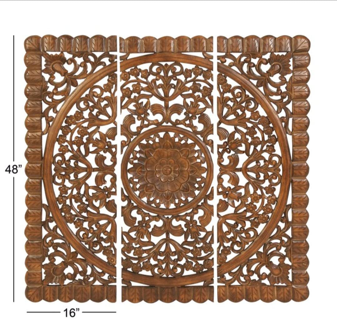 Set of 3 brown floral carved wood wall panels hanging as living room décor Aesthetic craft Set of 3 brown floral carved wood wall panels hanging as living room décor Aesthetic craft
