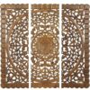 Set of 3 brown floral carved wood wall panels hanging as living room décor Aesthetic craft