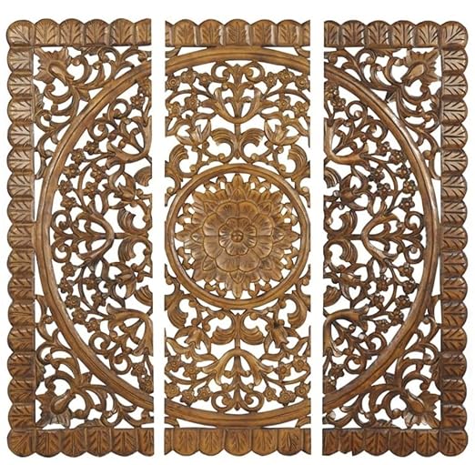 Set of 3 brown floral carved wood wall panels hanging as living room décor Aesthetic craft