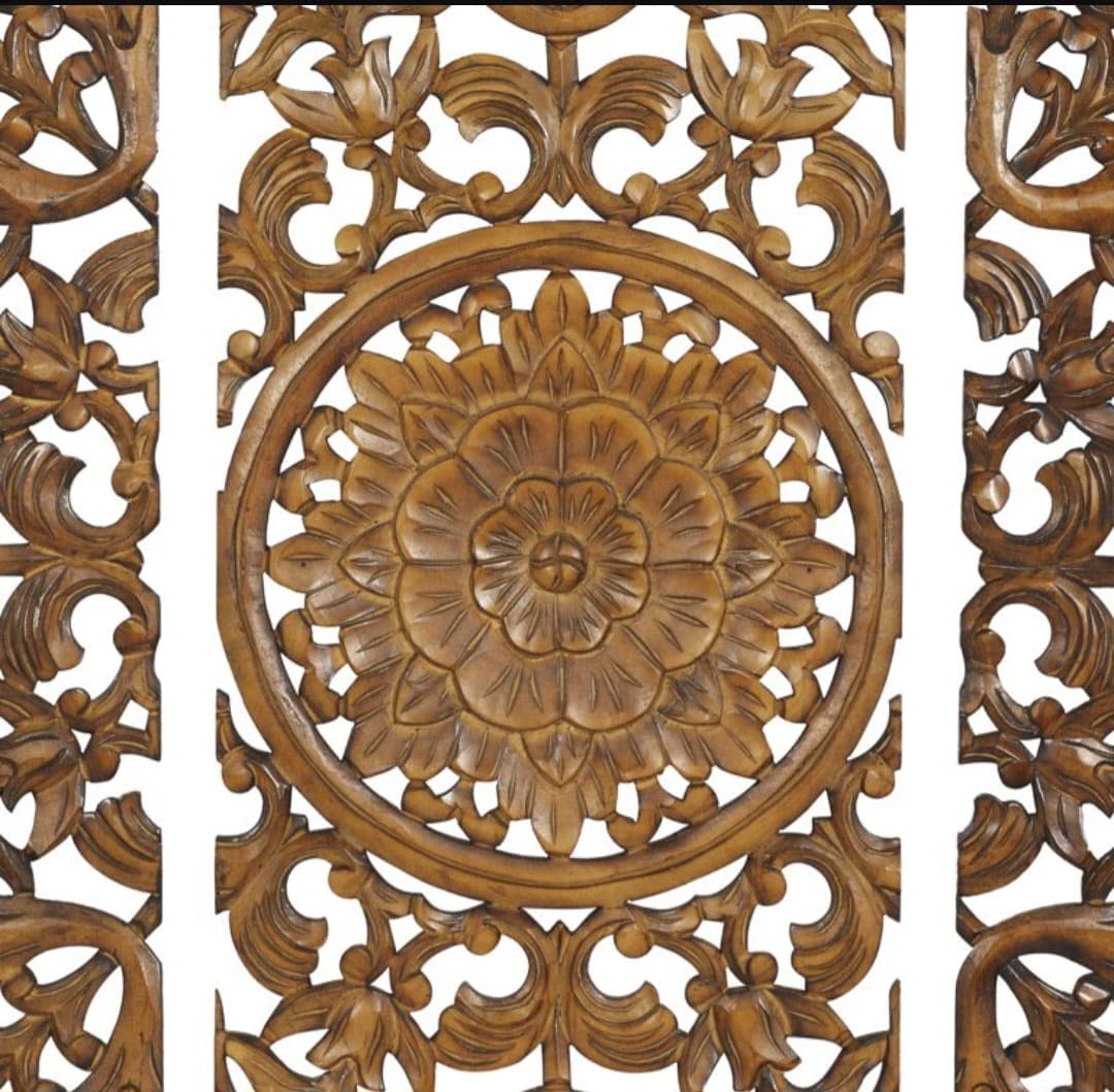 Set of 3 brown floral carved wood wall panels hanging as living room décor Aesthetic craft Set of 3 brown floral carved wood wall panels hanging as living room décor Aesthetic craft