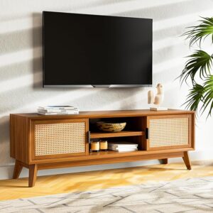Mid-century solid wood TV stand with rattan doors in dark chocolate finish, fits 65-inch TVs Aesthetic craft