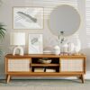 Mid-century solid wood TV stand with rattan doors in dark chocolate finish, fits 65-inch TVs Aesthetic craft