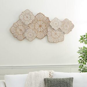 Hand-carved wood wall panel with white floral design, hanging above a sofa in a living room Aesthetic craft