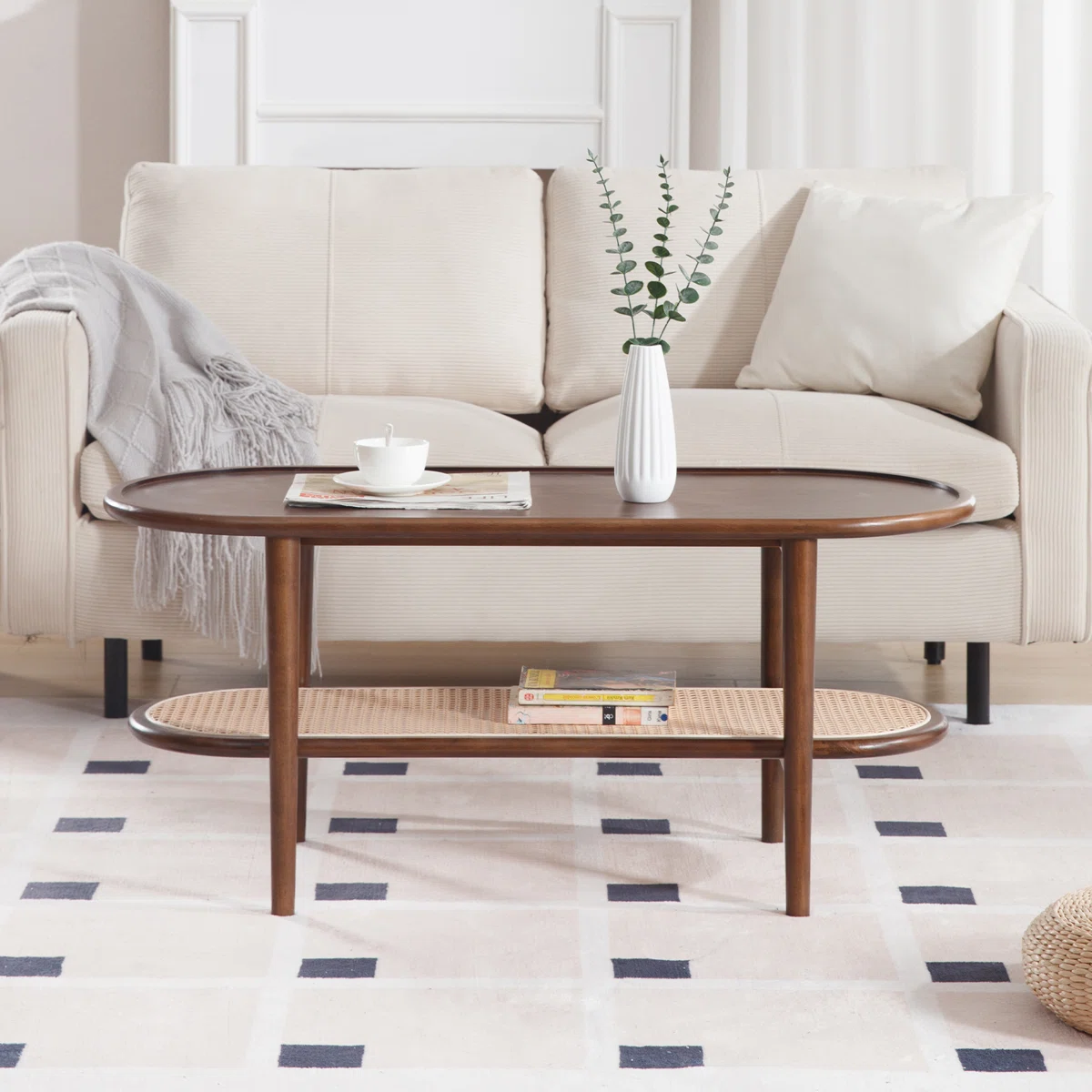 Brown oval coffee table with rattan shelf for small spaces Aesthetic craft