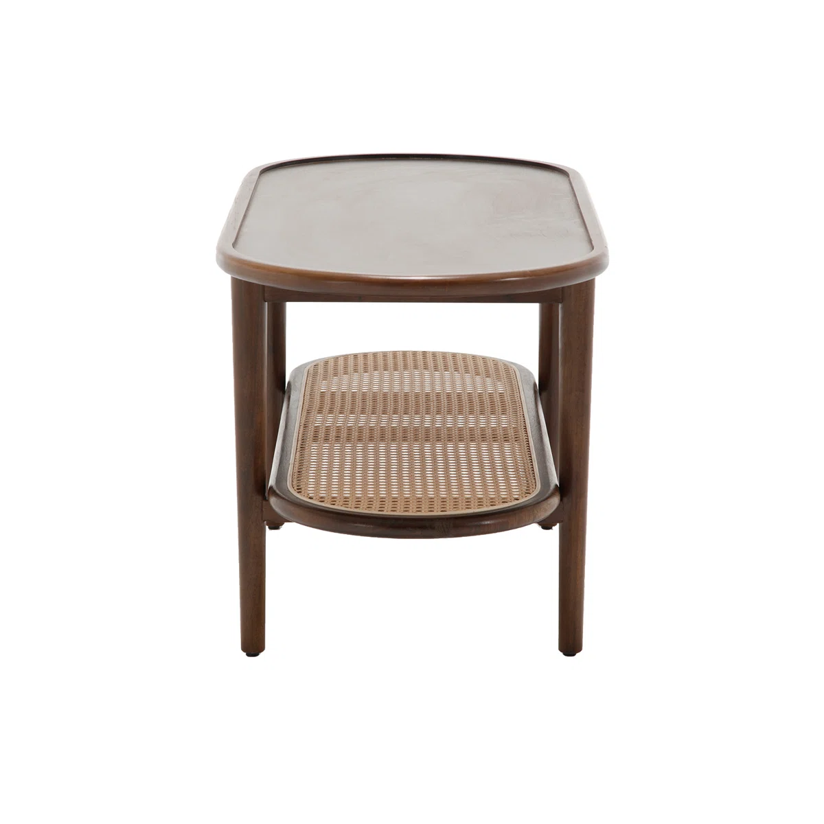 Brown oval coffee table with rattan shelf for small spaces Aesthetic craft