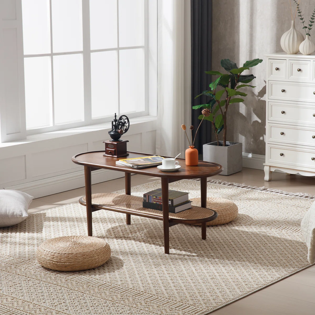 Brown oval coffee table with rattan shelf for small spaces Aesthetic craft
