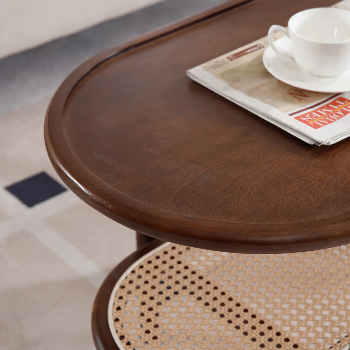 Brown oval coffee table with rattan shelf for small spaces Aesthetic craft