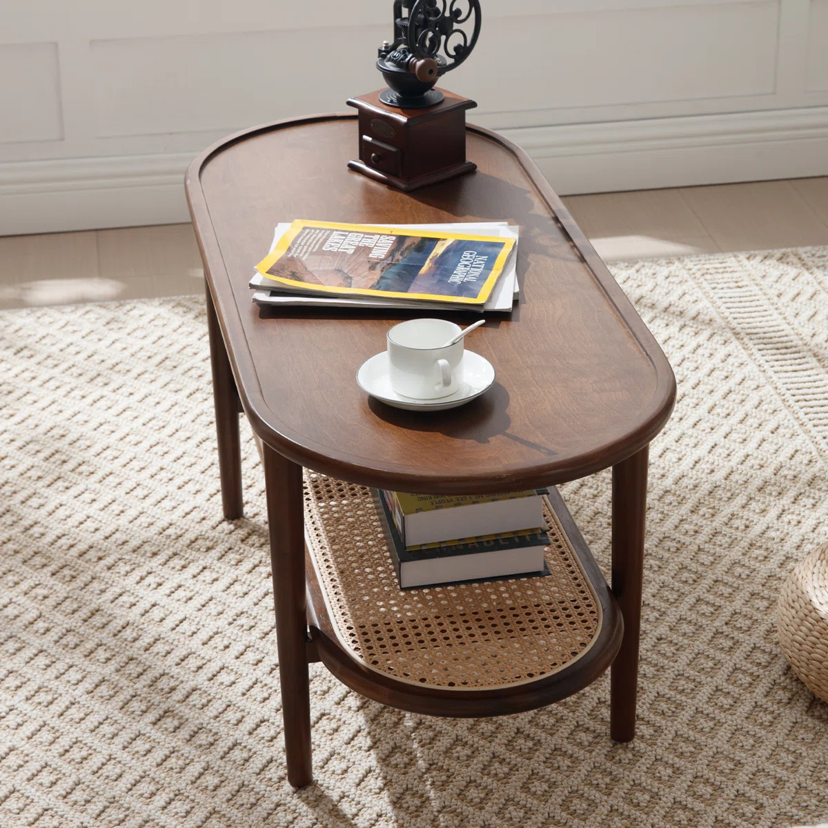 Brown oval coffee table with rattan shelf for small spaces Aesthetic craft