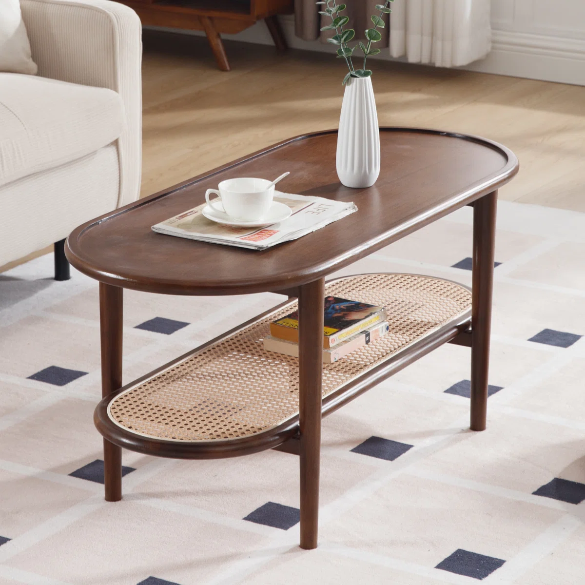 Brown oval coffee table with rattan shelf for small spaces Aesthetic craft