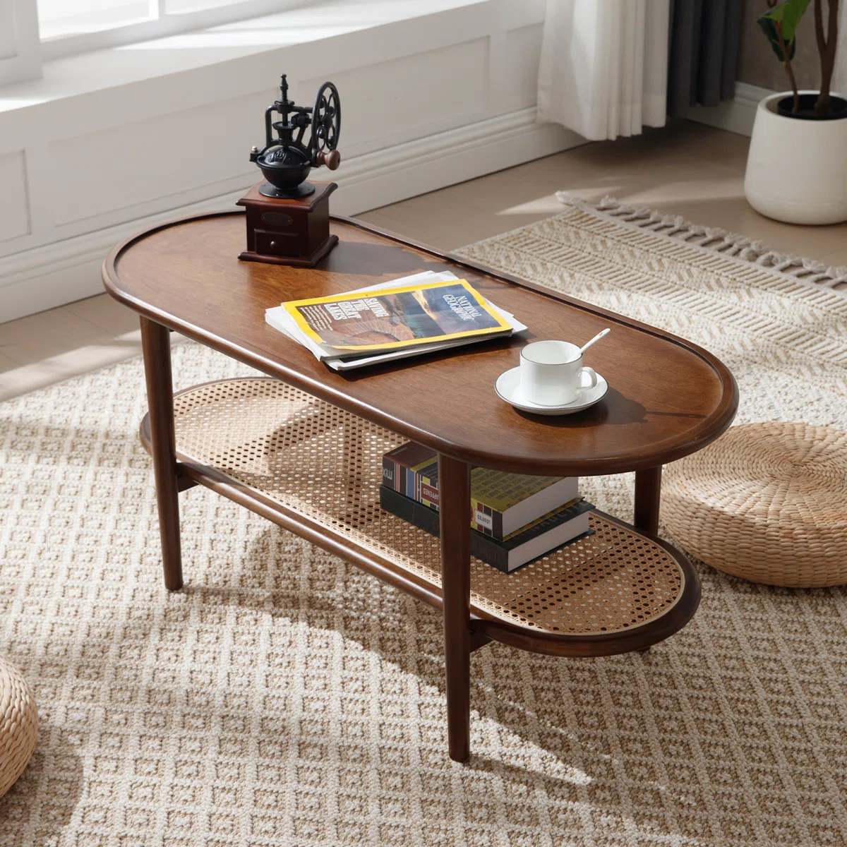 Brown oval coffee table with rattan shelf for small spaces Aesthetic craft
