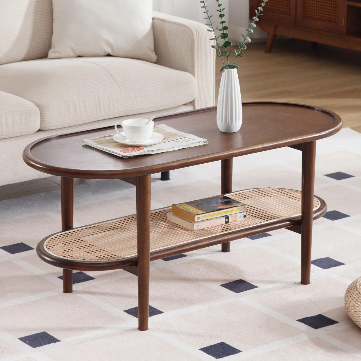 Brown oval coffee table with rattan shelf for small spaces Aesthetic craft