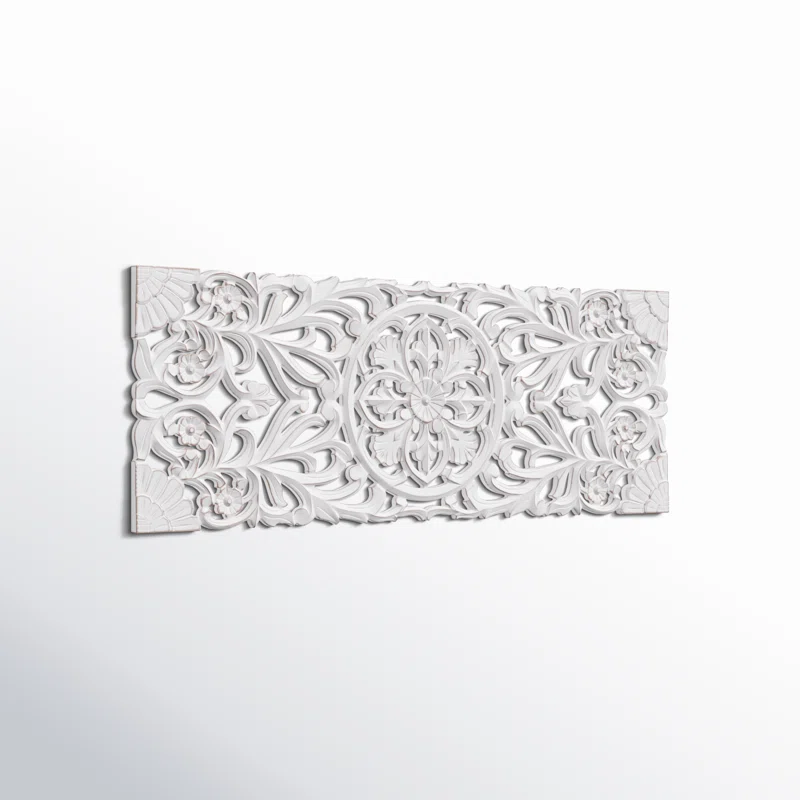 Handmade antique white wooden wall panel decor with floral carvings, 48 by 18 inches Aesthetic craft