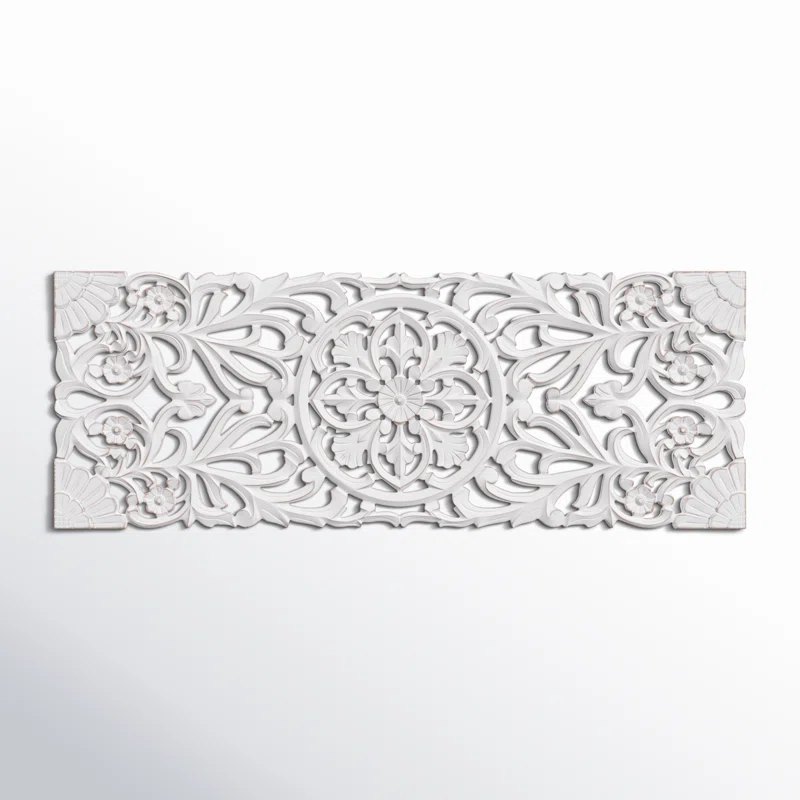 Handmade antique white wooden wall panel decor with floral carvings, 48 by 18 inches Aesthetic craft