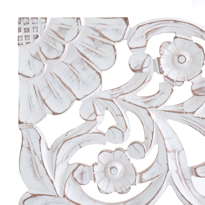 Handmade antique white wooden wall panel decor with floral carvings, 48 by 18 inches Aesthetic craft