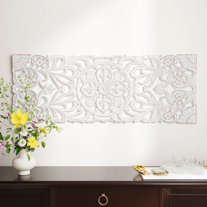 Handmade antique white wooden wall panel decor with floral carvings, 48 by 18 inches Aesthetic craft