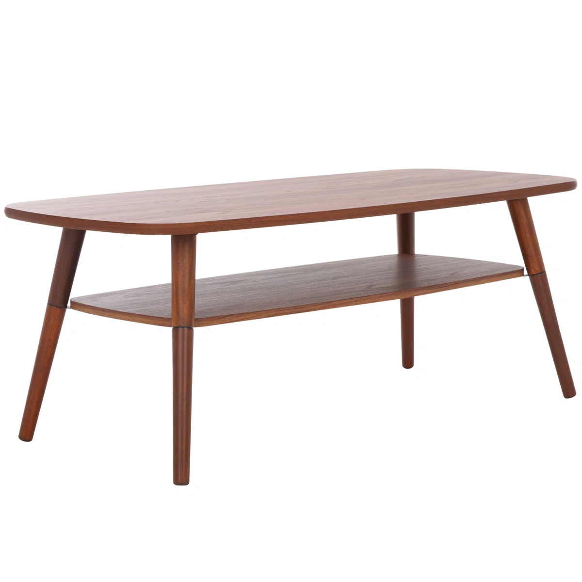 Mid-century mango wood coffee table in walnut finish with open shelf and tapered legs Aesthetic craft