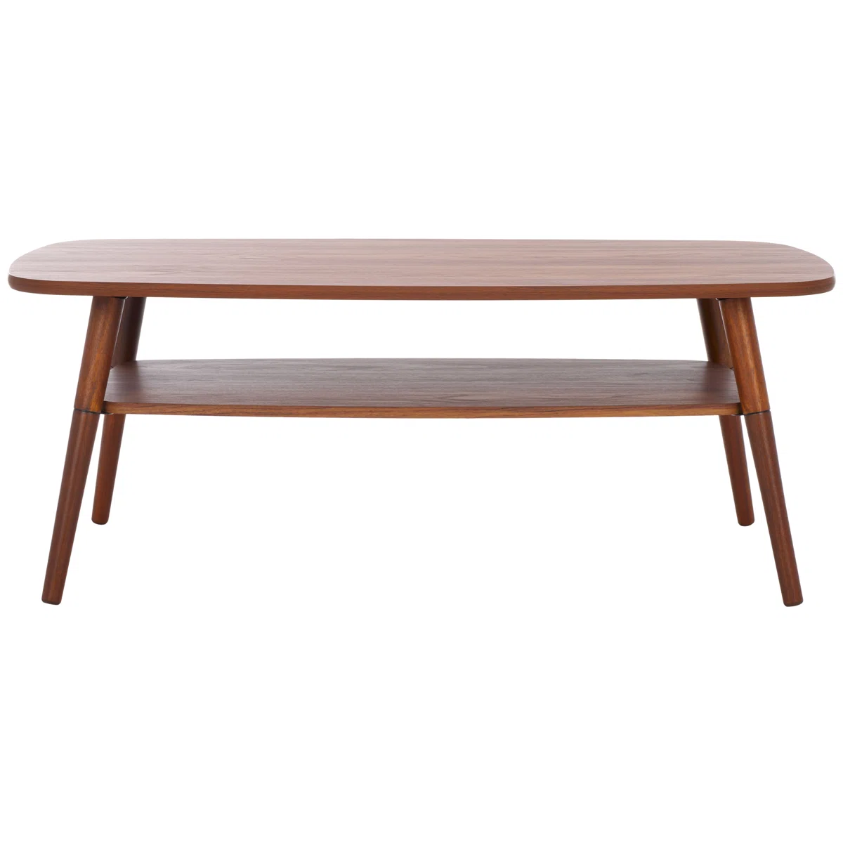 Mid-century mango wood coffee table in walnut finish with open shelf and tapered legs Aesthetic craft