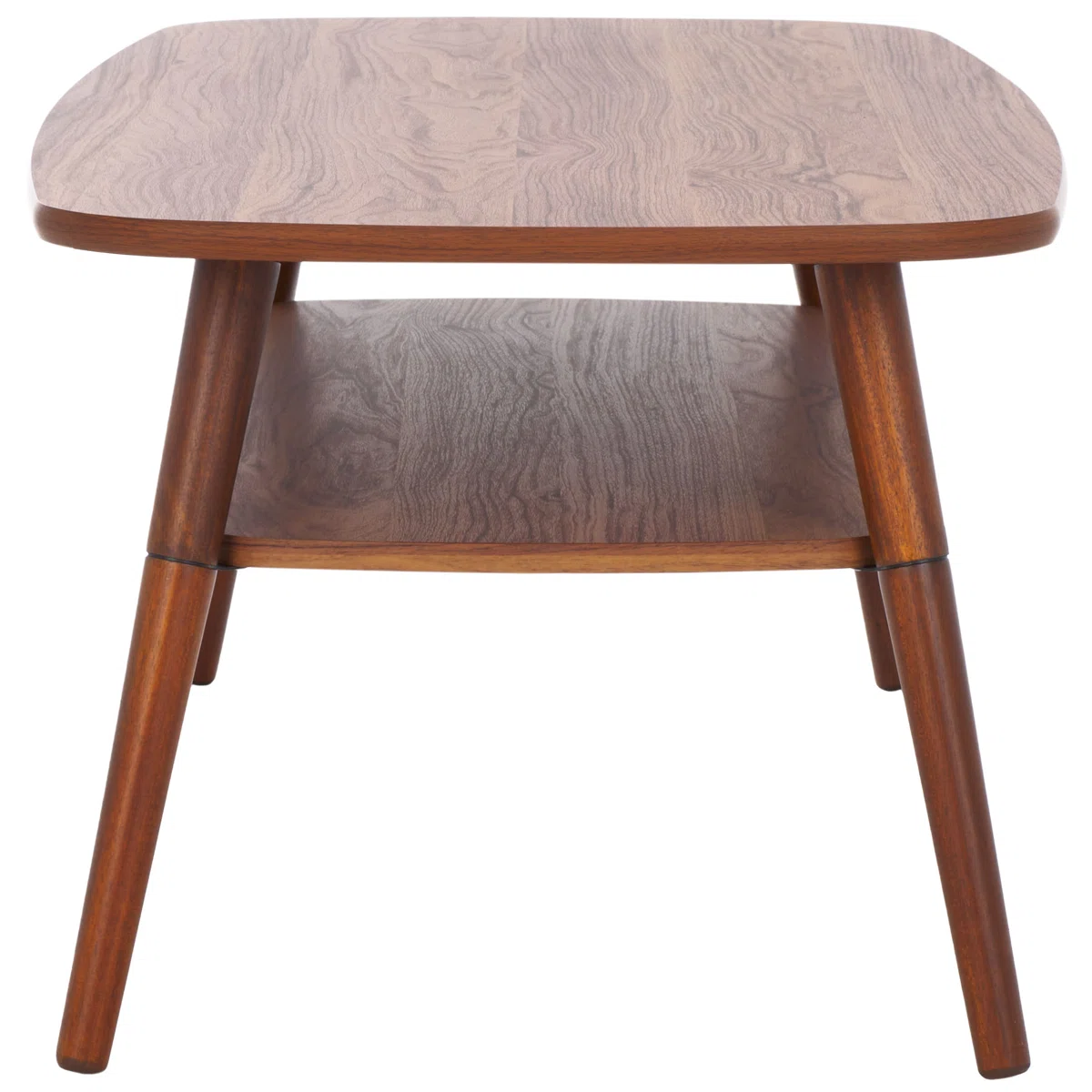 Mid-century mango wood coffee table in walnut finish with open shelf and tapered legs Aesthetic craft