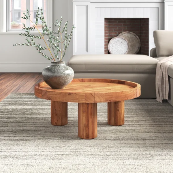 Round coffee table with cylindrical legs, 36 inch, natural finish Aesthetic craft